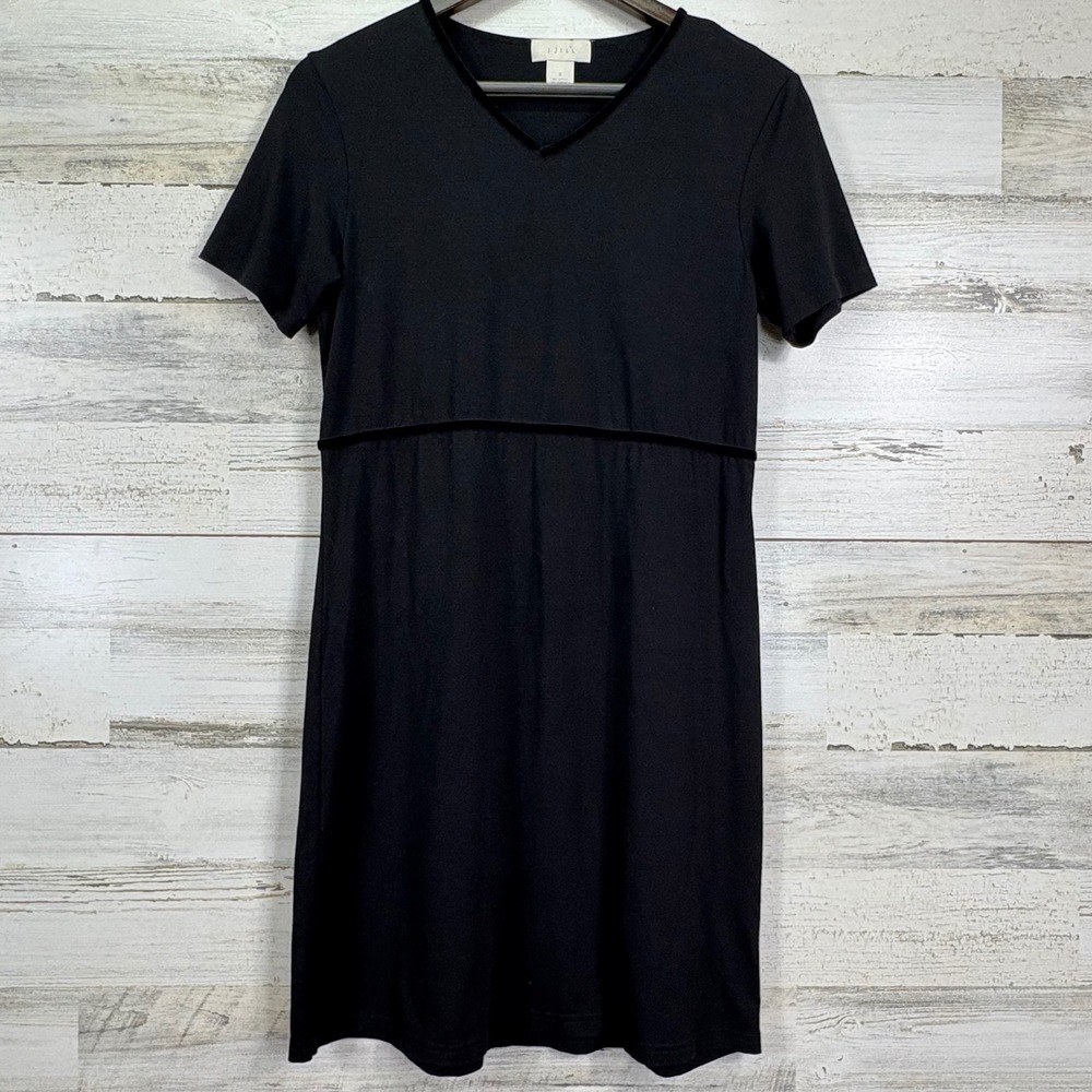 J Jill Black Short Sleeve Jersey V Neck Velvet Trim Knee Length Dress Size S